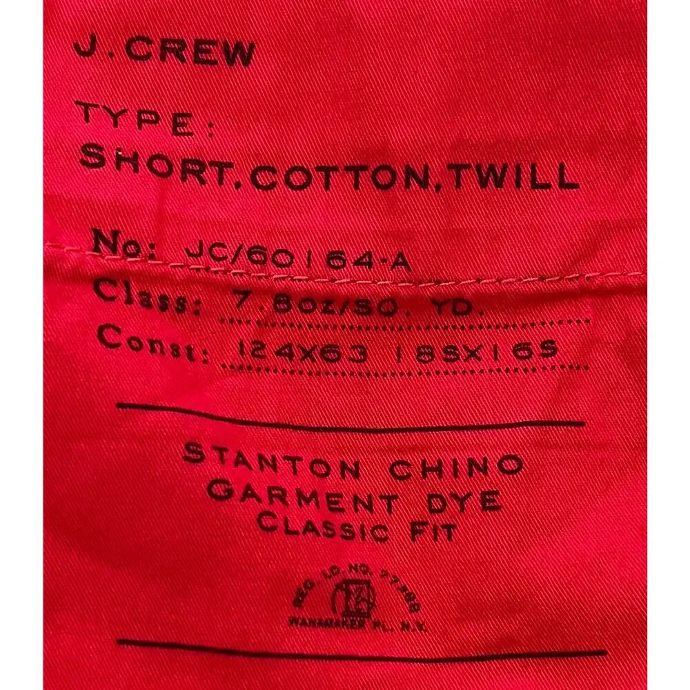 17-6 J. CREW Men's Stanton Chino Shorts Red 34x9